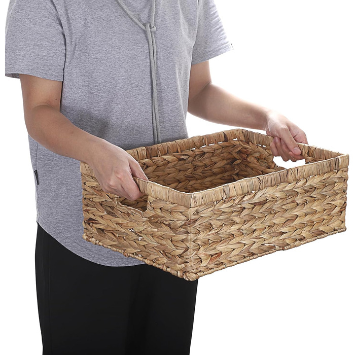 Плетений кошик для зберігання з водяного гіацинта з ручкою, плетений кошик з натуральними полицями, водонепроникний, для зберігання одягу, постільної білизни, фруктів, пива, іграшок, паперів, живих товарів (XL) 40,5x30,5x15 см