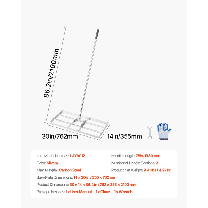 Вирівнювач газону з ручкою, розмір пластини 355x762 мм, граблі-вирівнювач з вуглецевої сталі, для вирівнювання газону, догляду за садом та гольф-полями