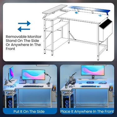 Г-подібний ігровий стіл зі світлодіодним підсвічуванням та розетками, 140 x 80 см, кутовий комп&39ютерний стіл з сумкою для зберігання, регульованими полицями та великою підставкою для монітора, для домашнього офісу, білий колір 140 x 80 см