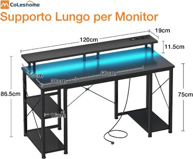 Ігровий стіл Coleshome зі світлодіодним освітленням, 120x50 см, ігровий стіл з 2 розетками та 2 USB-портами, комп&39ютерний стіл з підставкою для монітора та місцем для зберігання, стіл для домашнього офісу, чорний 120x50 см