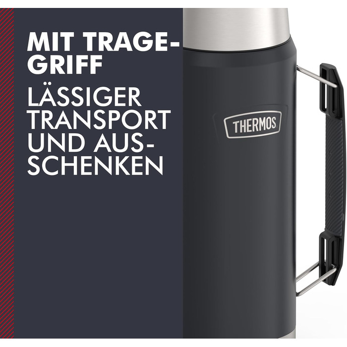 ТЕРМОС ICON ПЛЯШКА ДЛЯ НАПОЇВ 1,20 л, сірий/графітовий матовий, термос 1200 мл, ізольована пляшка з чашкою для пиття, термос з ручкою, зберігає напої гарячими/холодними протягом 24 годин, можна мити в посудомийній машині, герметичний, без BPA, 1200 мл, те