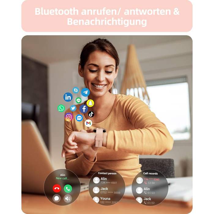 Жіночий круглий смарт-годинник Parsonver з функцією телефону, легкий фітнес-годинник з крокоміром, понад 100 спортивних режимів, водонепроникний IP68, жіночий спортивний годинник з серцевим ритмом, монітором сну, SpO2, рожеве золото, SPROD1