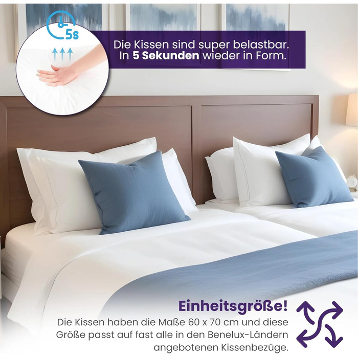 Подушка 60x70 см - Бавовняний чохол для подушки Комплект з 2 шт., Ергономічна подушка для сну середньої жорсткості Підтримує голову та шию - Активна циркуляція повітря 70 x 60 см