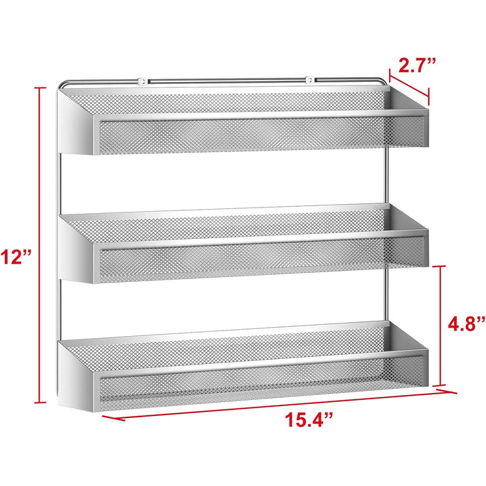 Стійка для спецій, Органайзер, 3 рівні, Окремостояча або настінна, Підвісна полиця для кухонної шафи, комори, дверей комори або ванної кімнати, Косметика для душу, Хром, 2 шт. Сріблястого кольору 3 x 16 x 14 см