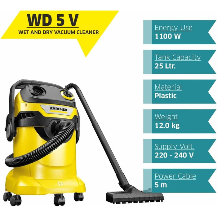 Пилосос для сухого та вологого прибирання Krcher WD 5 V-25/5/22, функція видування, потужність 1100 Вт, пластиковий контейнер 25 л