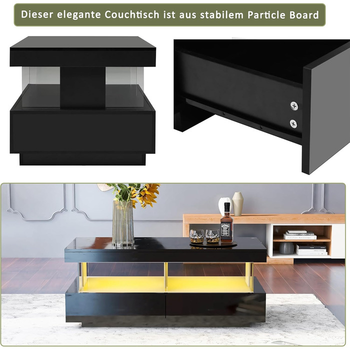 Глянцевий журнальний столик Merax зі світлодіодним підсвічуванням, сучасний стіл для вітальні з висувними ящиками для зберігання, багатофункціональний бічний столик для вітальні, прямокутний центральний стіл, столик-диван, журнальний столик, офісний, чорн