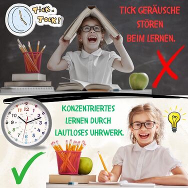 Настінний годинник Bada Bing Montessori для дітей - навчальний годинник без звуків цокання - аналоговий дитячий годинник для вивче