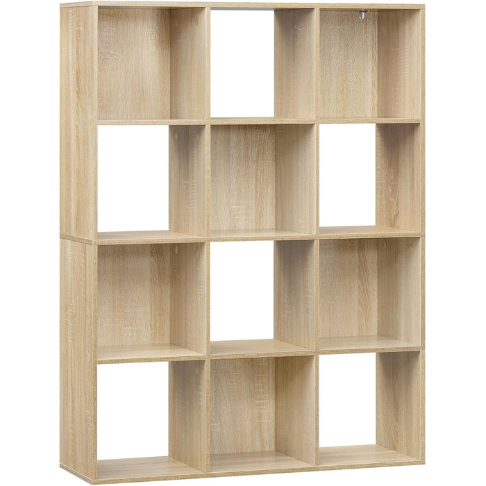 Книжкова полиця eSituro з 12 відділеннями, окремостояча кубічна полиця, відкрита полиця-перегородка для кімнати, сучасна стояча полиця, для вітальні, дитячої кімнати, офісу, спальні, 9120x29 см, світлий дуб
