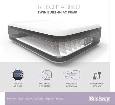 Надувний матрац Bestway Tritech, Vento, 191 x 97 x 46 см, одномісний, із вбудованим електричним насосом