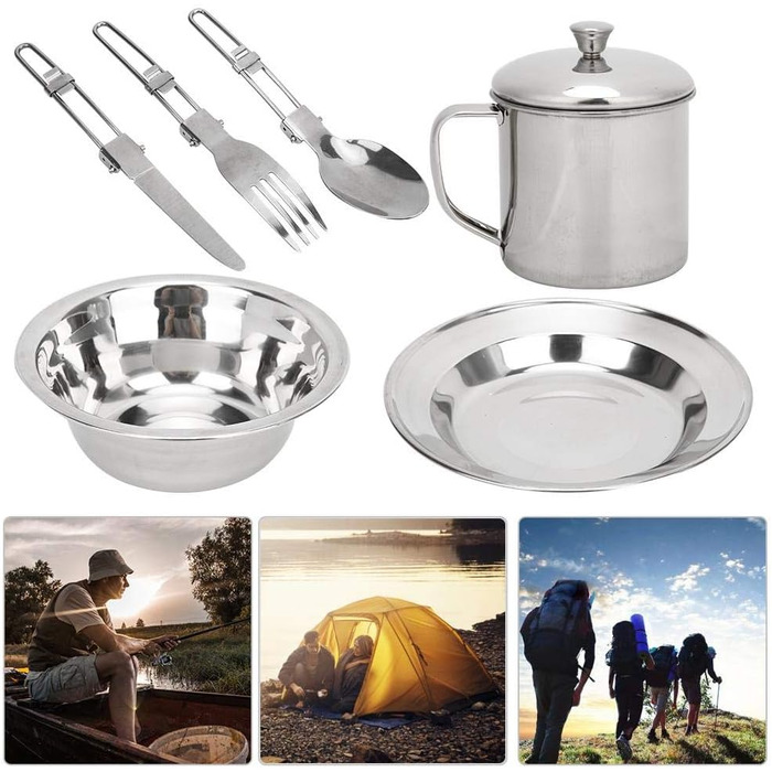 Набір столових приборів для кемпінгу, набір посуду з нержавіючої сталі, мірний набір, включає тарілку, чашку, виделку, ложку, ніж, набір столових приборів 8 в 1 з сітчастою сумкою, набір посуду для кемпінгу, походів та пікніків на свіжому повітрі