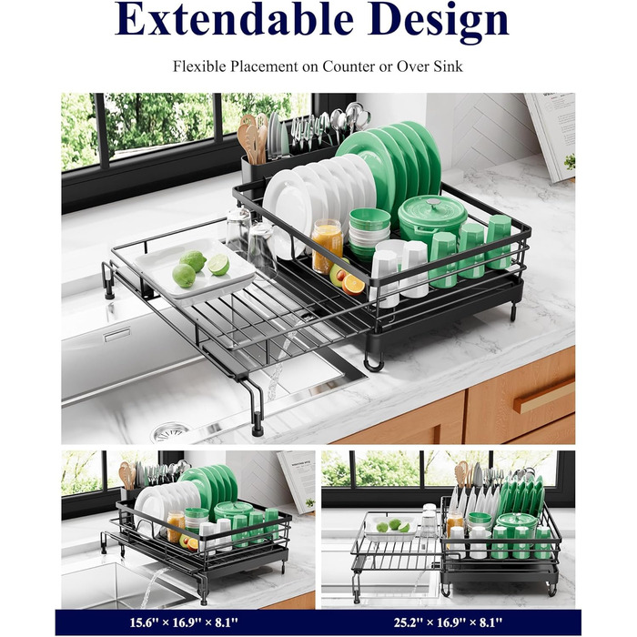 Висувна сушарка для посуду Kitsure сушарка для посуду з нержавіючої сталі з регульованими ніжками, тримачем для столових приборів та знімним підносом, 39,5-64,0 см x 43,0 см x 20,5 см, чорна
