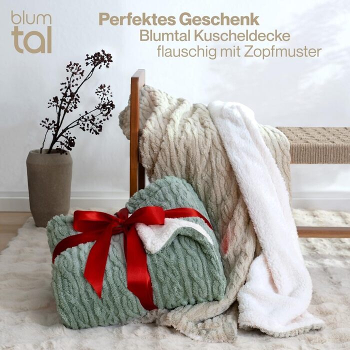 М&39яка ковдра Blumtal 150x200 см з в&39язаним візерунком &quotкосичка&quot - сертифікована Oeko-TEX ковдра з мікрофібри флісу 150x200 см з м&39якою шерпа підкладкою - пухнаста ковдра - товста м&39яка ковдра зелено-біла 150x200 см зелено-білий