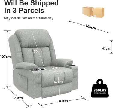 Електричне крісло-реклайнер/масажне крісло для телевізора з функцією відкидання спинки, підйомником, функцією масажу, підігрівом, підставкою для ніг, підстаканником, 4 бічними кишенями, портами типу C та USB, шкіряне крісло, сірий колір