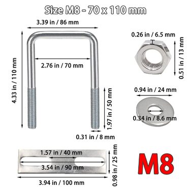 Болти U-болт M8 U кронштейн квадратний, M8 U болти з нержавіючої сталі з гайкою рамної пластини шайба, U залізний болт для кріплення труб буксирування автомобіля (70 x 110 мм)