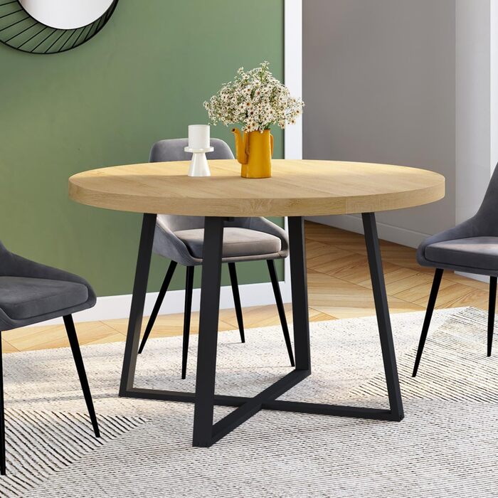 Розкладний круглий обідній стіл Selma, 4-8 осіб, дерево та чорний колір, 110-150 см