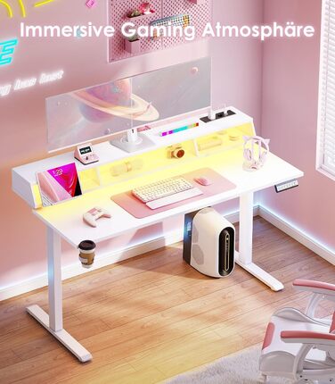 Ігровий стіл OffiGo, стіл з регульованою висотою 140 см, RGB-підсвічуванням та розетками, електричний стіл з 3 відкритими відділеннями для зберігання, тримач для напоїв та навушників, карбонова поверхня білого кольору