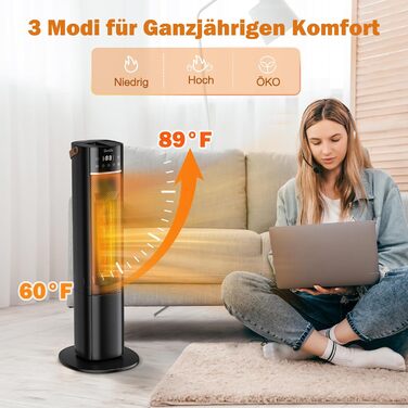 Енергозберігаючий керамічний обігрівач Grelife 2000 Вт PTC з пультом дистанційного керування 70 коливання, 3 режими, таймер на 12