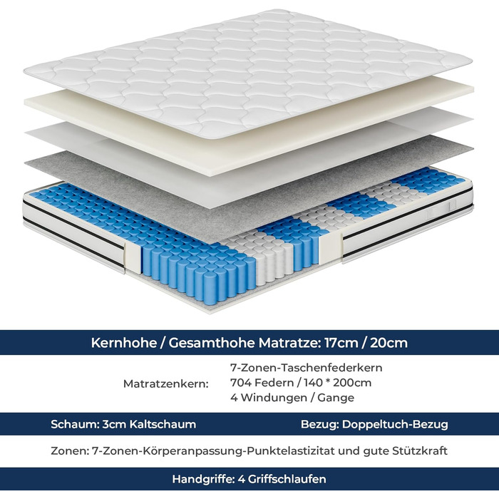 Матрац Vesgantti H4, висота 20 см, ортопедичний, 7-зонний, пружинний блок кишенькової форми, сертифікований Oeko-Tex, середньої жорсткості, пружинний блок кишенькової форми, матрац з холодної піни H4, щільний верх 20 см, 140 x 200 см