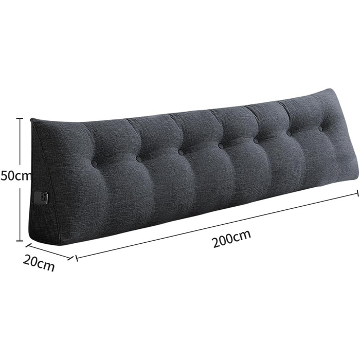 Подушка-клін, трикутна, валик для шиї, велика подушка для спини, бавовна та льон, підставка для читання для ліжка, подушка для читання, знімна (темно-сіра, 200 x 50 x 20 см, бавовна та льон) Темно-сіра бавовна та льон 200*50*20 см