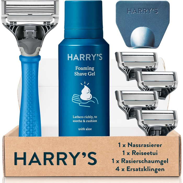 Чоловіча бритва Harry&39s Wet Razor набір для гоління з синьою ручкою, 4 змінні леза для гоління, чохол для лез для подорожей, бритва з гелем для гоління 60 мл, леза для гоління, леза для гоління для чоловіків, леза для гоління для чоловіків