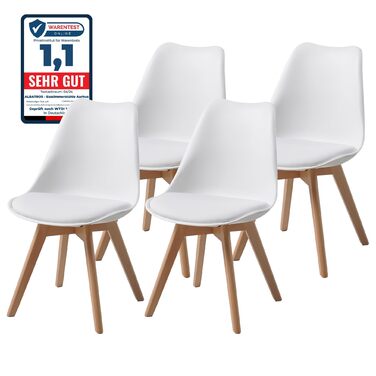 Обідні стільці ALBATROS, комплект з 4 шт. , AARHUS, білий - ніжки з масиву бука, скандинавський ретро-дизайн, зручне крісло-ракушка - елегантний кухонний стілець, обідній стілець для обіднього столу, білий бук комплект з 4 шт.