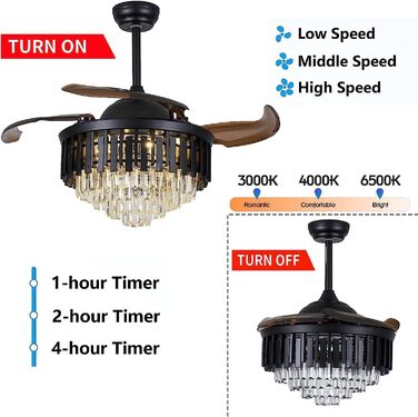 Тиха лампа вентилятора Розкішний кришталевий стельовий вентилятор зі світлом Висувні лопаті люстра вентилятор лампа з пультом дист