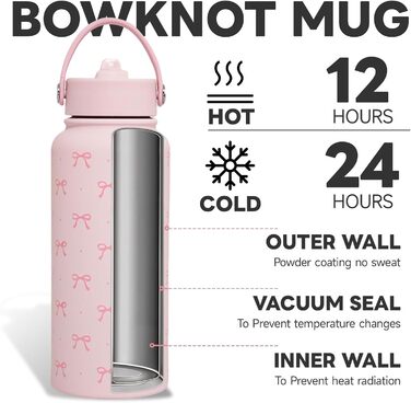 Термос з бантом, ізольована пляшка для води з нержавіючої сталі об&39ємом 32 унції, рожевий термос для жінок, дівчат, підлітків, подарунок на день народження