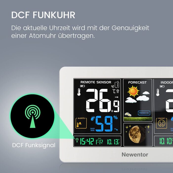 Радіостанція Newentor із зовнішнім датчиком - бездротова метеостанція з прогнозом погоди, попередженням про температуру, радіокерованим годинником DCF - робота від батареї та роботи від мережі, (1*станція 3*зовнішній датчик, білий)