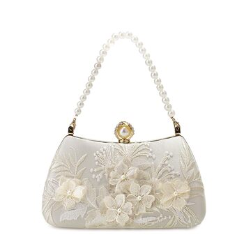 Жіноча сумочка з перлами та квітковою мереживною вишивкою, сатин, елегантна ручна сумочка з верхньою ручкою, зі знімним ланцюжком, для весілля, дівич-вечора, випускного, білого кольору