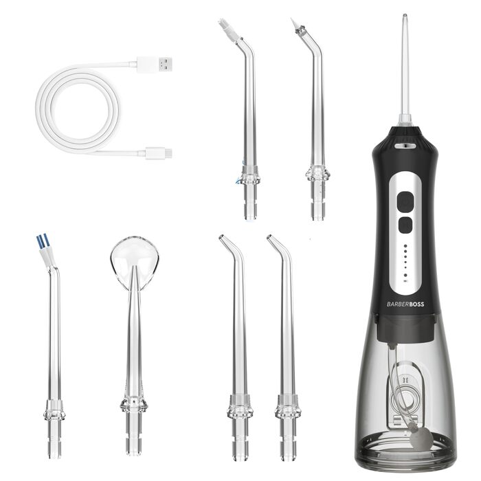 Портативний іригатор для ротової порожнини для дому та подорожей, 5 режимів тиску, 6 насадок, резервуар 300 мл, USB-перезаряджання, водонепроникність IPX7, засіб для чищення зубів та догляду за яснами (для брекетів та загальної гігієни)