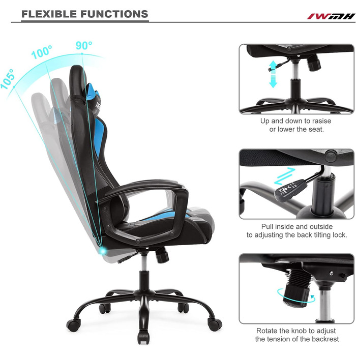 Геймерське крісло IntimaTe WM Heart, геймерське крісло з ергономічною спинкою, регульованим підголівником та поперековою опорою, синє
