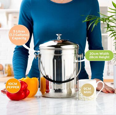 Преміум контейнер для компосту для кухні з нержавіючої сталі Без запаху - Контейнер для органічних відходів - У комплекті з безкош