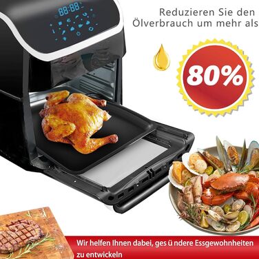 Фритюрниця PRIJESSE 12 л, багатофункціональна фритюрниця з гарячим повітрям, фритюрниця 1800 Вт зі світлодіодним сенсорним екраном, 10 програм, підтримка тепла та функція дегідратора, включаючи брошуру з рецептами та аксесуари 12 л Вертикальний екран