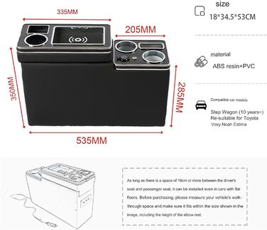 Центральна консоль з полицями Відсік для зберігання Сумісний з VW T4 T5 T6 T6.1 T7 Всі моделі з 2003-2019 рр., Чорні шкіряні аксесуари з бездротовою індуктивною зарядкою, USB та LED підсвічування Бездротова зарядка