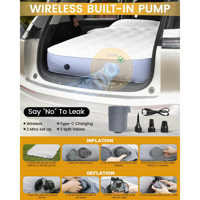 Надувний автомобільний матрац, матрац для позашляховика в багажник автомобіля, з ПВХ-флоком, портативний, універсальний з подушкою та вбудованим насосом для подорожей, універсалів, кемпінгу