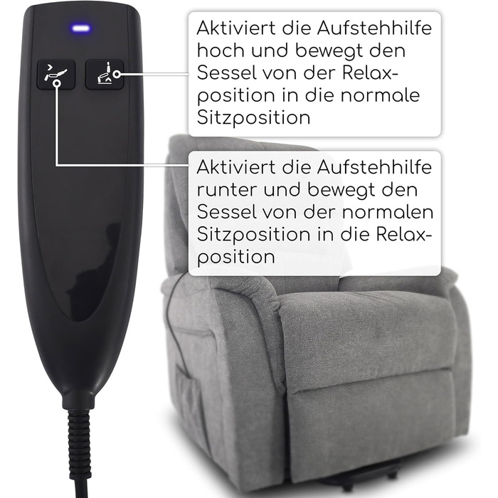 Крісло під телевізор Raburg з підйомником, електричне відкидне крісло з 1 двигуном та пультом дистанційного керування, безступінчасте регулювання, комфортна піна та пружинна основа з кишенькового блоку, мікрофібра, 120 кг Janik Сіра мікрофібра