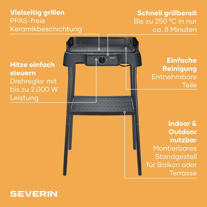Настільний гриль Severin PG 8596 зі стійкою, для дому та вулиці, 2000 Вт, 40-220C, 39x23 см, чорний