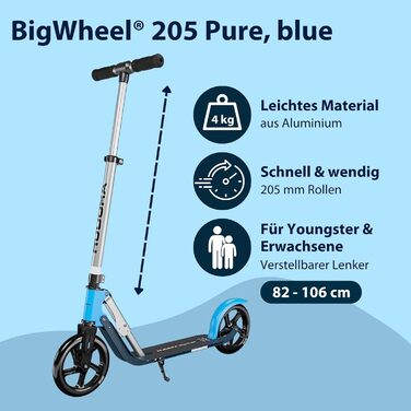 Самокат HUDORA BigWheel Pure стабільний алюмінієвий міський самокат із підніжкою, складаний, з регулюванням висоти, до 100 кг, для підлітків та дорослих, синій