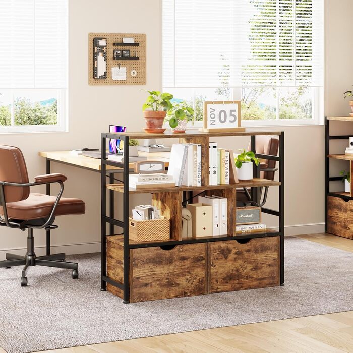 Книжкова полиця Dripex з 2 шухлядами, книжкова шафа з 7 відділеннями з дерева та металевого каркасу, окремостояча кубічна полиця для спальні, вітальні, кабінету, офісу, 33 x 100 x 90 см, промисловий дизайн, ретро