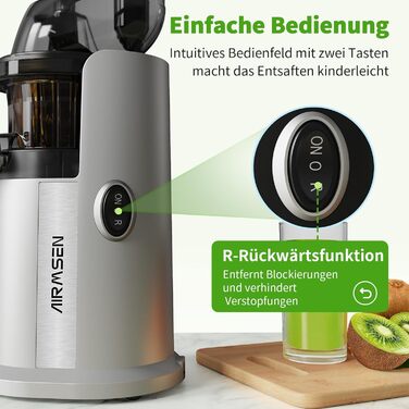 Повільна соковижималка AIRMSEN, соковижималка для овочів і фруктів з великим отвором для подачі 82 мм для соку з цілих фруктів, ма