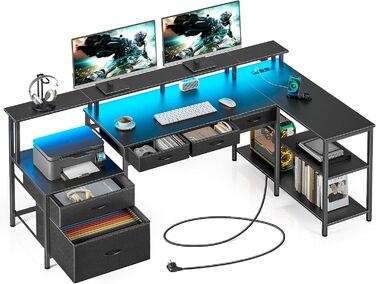 Г-подібний стіл Rolanstar з шухлядами, двосторонній ігровий стіл з розеткою, світлодіодним освітленням та підставкою для монітора, комп&39ютерний стіл 163 см для офісу, кабінету, спальні, чорний