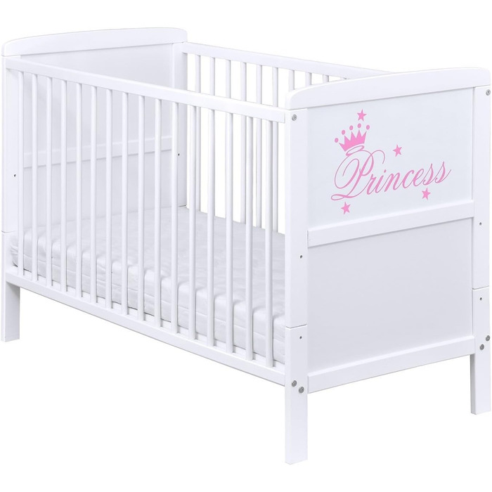 Дитяче ліжко Generic Baby Deluxe 70x140, що трансформується в дитяче ліжко білого кольору 140x70 з матрацом з алое вера та бортиками для прорізування зубів (Princess)