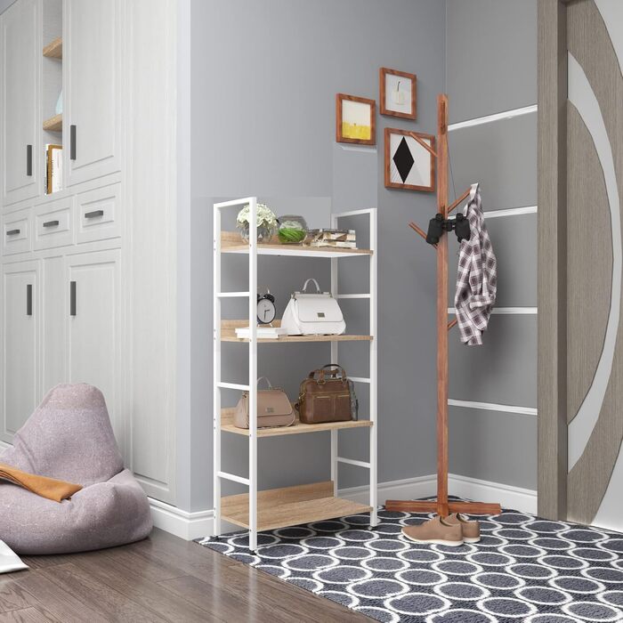 Окремостояча полиця WOLTU з 4 полицями, книжкова шафа, кухонна полиця, полиця для ванної кімнати з дерева та металу, полиці для комори, 60 x 27,5 x 126 см, білий світлий дуб, RGB9304hei, 4 рівні (60 x 27,5 x 126 см), білий світлий дуб