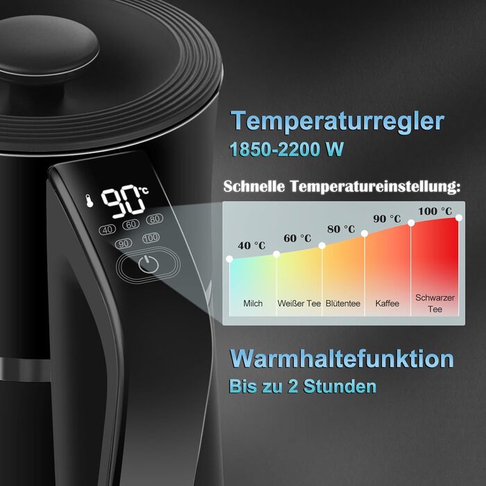 Чайник з нержавіючої сталі WANNYTON 1,7 л з налаштуванням температури Вибір температури (40-100C), 2200 Вт, без бісфенолу А, цифровий дисплей, база 360, функція збереження тепла, автоматичне вимкнення, захист від кип'ятіння, чорний