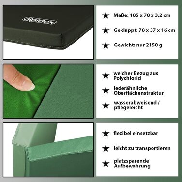 Складаний гімнастичний килимок ALPIDEX, килимок для м&39якої посадки, 185 x 78 x 3,2 см, килимок для вправ для домашнього використання, для дітей та дорослих, зелений