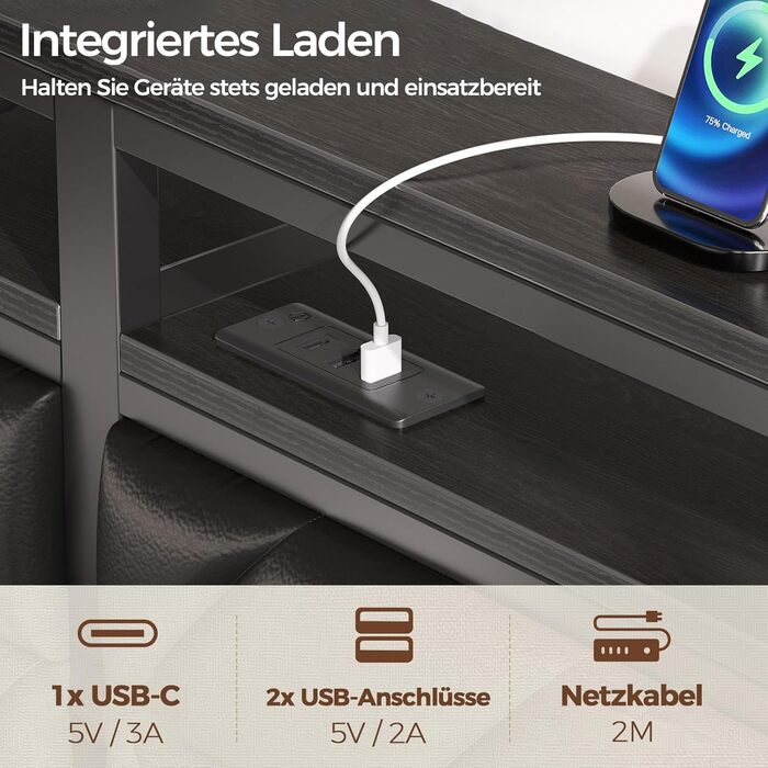 Ліжко Seventable 140x200 зі світлодіодним підсвічуванням, зарядною станцією (2 порти USB та 1 порт Type-C), металеве ліжко з м&39яким узголів&39ям та місцем для зберігання речей, двоспальне ліжко для спальні, чорне 140 x 200 см