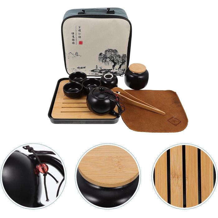 Портативний чайний набір Кунг-Фу для подорожей, керамічний, чорний, з підносом, нековзкий та ударостійкий, для дому та активного відпочинку
