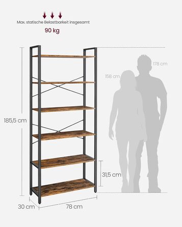 Полиця, книжкова шафа, полиця для стоячого монтажу, полиця для DVD, з 6 полицями, офісна полиця, відкриті полиці, для офісу, вітальні, спальні, кухні, 30 x 78 x 185,5 см, вінтажний коричневий-чорний LLS082B01 30 x 80 x 186 см Вінтажний коричневий чорний