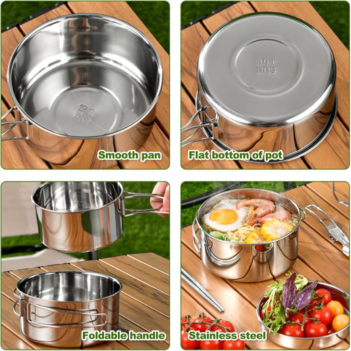 Набір посуду для кемпінгу зі сталі 304 каструлі, сковорода та портативний столовий набір для пікніків, походів та подорожей