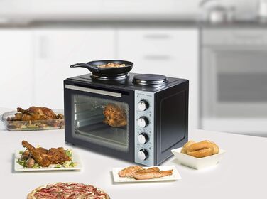 Маленька кухня, міні-піч з подвійною конфоркою, верхній/нижній нагрів з функцією конвекції до 230C, 3200 Вт, чорна міні-піч 31 літр з подвійною конфоркою, 31CP